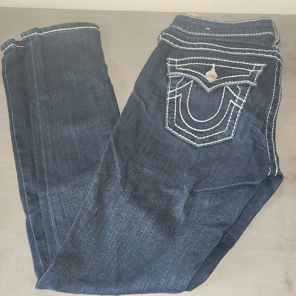True Religion Womens Dark Wash Skinny Jeans Unique Stitching Pocket Flaps Sz 29
